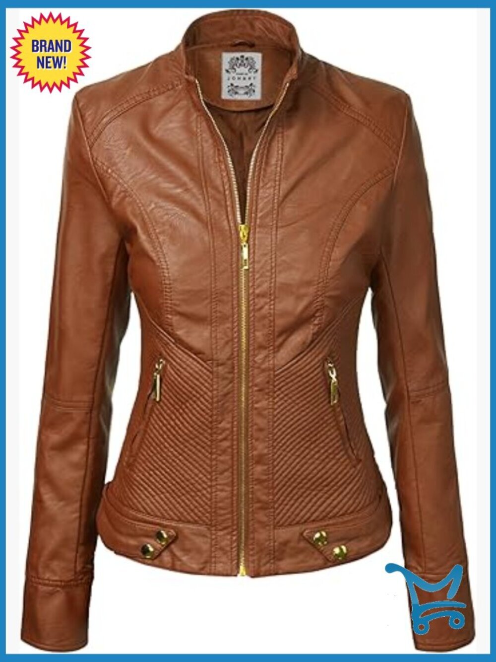 Faux Leather Zip Up Moto Biker Jacket with Stitching Detail
